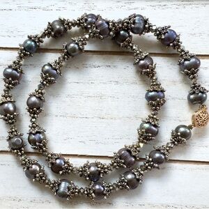 Vintage Dark Pearl Beaded Necklace Faceted Spacer Beads Ornate Caps 19”